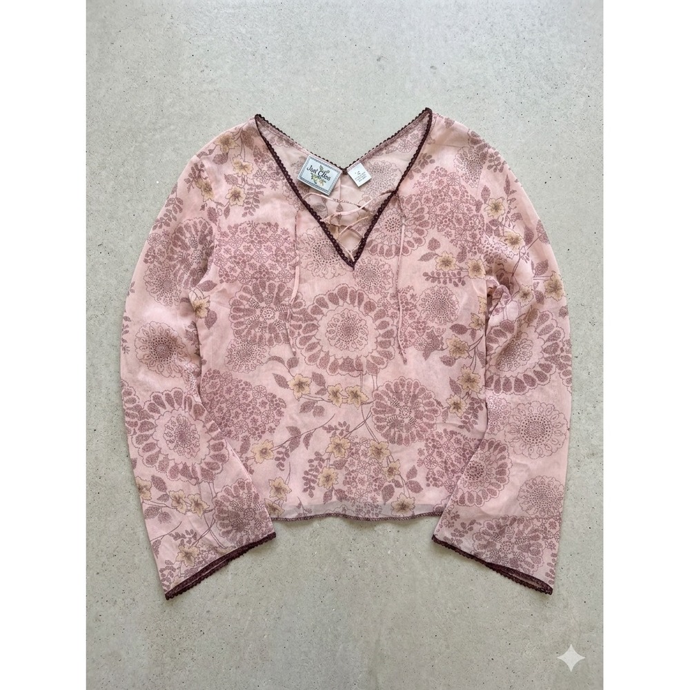 Vtg Y2K Girly M Womens Blouse Floral Sheer Long Sleeve Lace Up V-Neck Boho Top